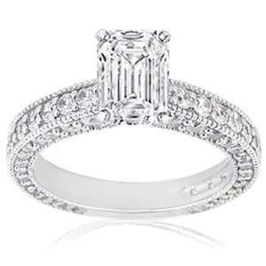 85 Ct Emerald Cut Diamond Engagement Ring In Pave 14K SI1 F IGI CUT 