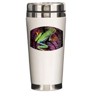  Ceramic Travel Drink Mug Red Eyed Tree Frog on Purple Leaf 
