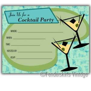 Retro Vintage 1950s Blue Cocktail Party Invitations  