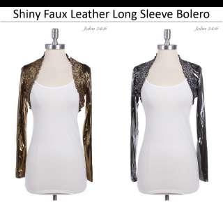 A8597 23_Shiny Faux Leather Long Sleeve Shirred Bolero