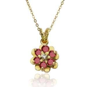 Yellow Gold Plated Sterling Silver Ruby and Diamond Flower Pendant, 18 