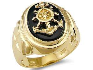    Solid 14k Yellow Gold Mens Heavy Large Onyx Anchor Ring