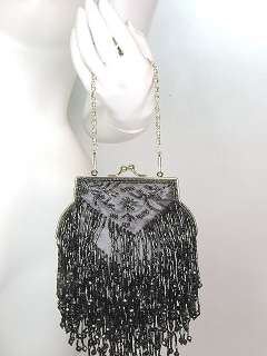   BLACK Satin Beaded Beads Evening Wedding Handbag Purse Clutch Bag #199