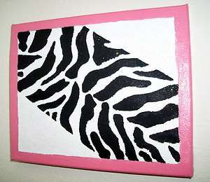 Black & White Zebra Print Wall Plaque Light Pink Trim Pulled Canvas 
