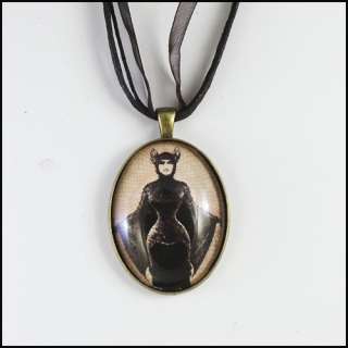 VICTORIAN BAT LADY Glass Pendant Necklace VAMPIRE WOMAN  