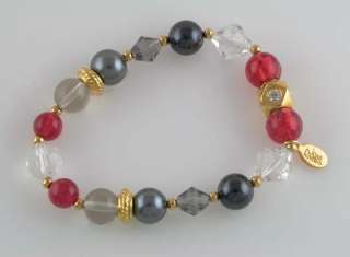  14KT Gold Ep POP Bead Red Stretch Bracelet w/ Genuine Hematite Beads