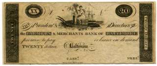 Farmers and Merchants Bank of Baltimore, Maryland, $20, 1810s  