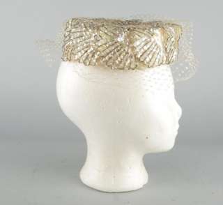 Vintage 1950s White Sequined & Beaded Hat w/ Birdcage Netting & Hat 