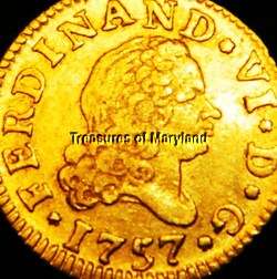 OLD US $1 GOLD COIN 1757 SPANISH COLONIAL 1/2 ESCUDO DOUBLOON 22K 