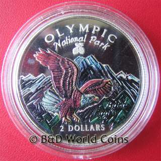 COOK ISLANDS 1996 $2 SILVER COLOR EAGLE OLYMPIC PARK MOUNTAIN 30mm 