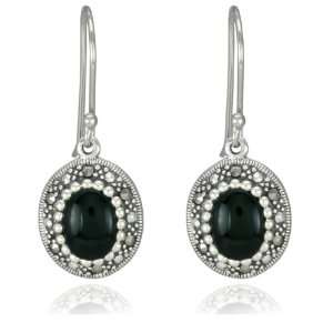    Sterling Silver Marcasite and Onyx Oval Drop Earrings Jewelry