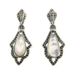    Sterling Silver Marcasite Genuine Mother Of Pearl Earrings Jewelry