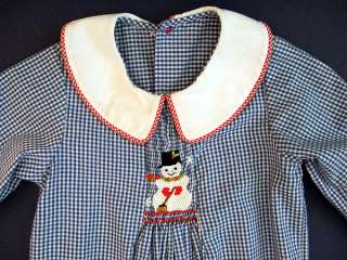   Remember Nguyen Blue Gingham Smocked Snowman Holiday Longall 6 mos