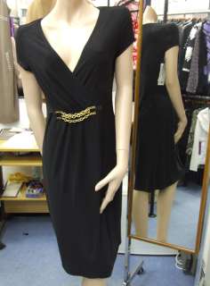 Joseph Ribkoff UK 10 BNWT Wrap/Crossover Style Black Dress wth Gold 