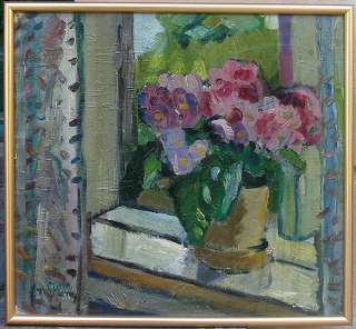 Eyvind Olesen. Flowers on windowsill. Artist residence. Rare oil 