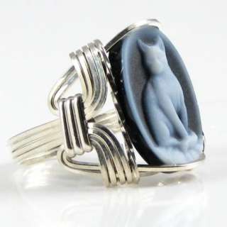 Siamese Cat Agate Cameo Ring Sterling Silver Jewelry  