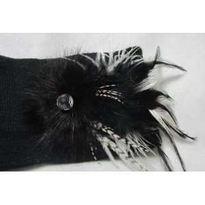  NEW Black Winter Ear Warmer Headband with Feathers and Fur 
