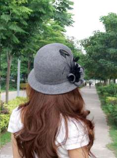 Women Vintage Wool Felt Hat Ladies Fedora w/flower Grey  