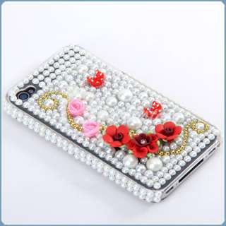 Bling Rhinestone Pearl 3D Flower Hard Case Cover Handmade for Apple 