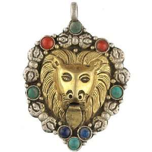  Lion Face Pendant with Coral, Turquoise and Lapis Lazuli 