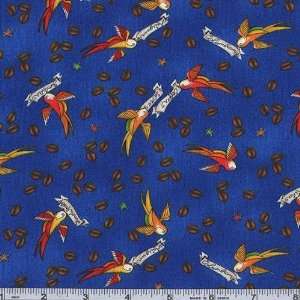  45 Wide Coffee Lovers Birds Blue Fabric By The Yard 