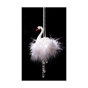 White Iridescent Swan With Dangling Beads And Fur Christmas Ornament 