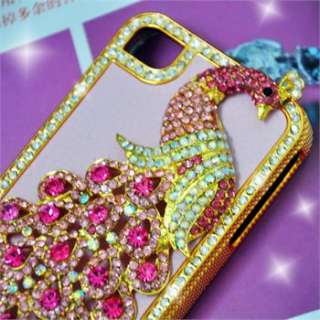 1X iPhone 4G 4Gs 4S Pink Leather Peacock Diamond Rainstone Bling Case 
