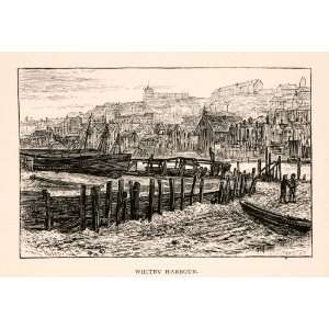 1894 Wood Engraving Whitby Harbour Yorkshire England Historic Seaport 