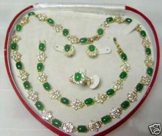 Set diamante Green Jade Necklace Bracelet Ring Earring  