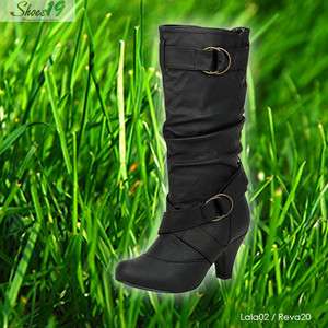 Buckle Straps Slouchy Mid Knee High Boots Shoes Black  