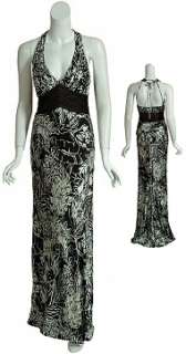 Flattering beaded silk floral print evening gown has pleated halter 