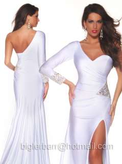 Custom Stretch Jersey One Sleeve Crystals Beaded Pageant Evening Gown 