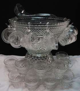 VTG ANCHOR HOCKING CRYSTAL GLASS WEXFORD PUNCH BOWL~STAND~16 CUPS 