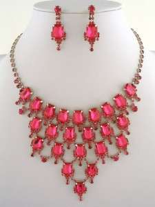   Pink Acrylic Gem Decor Crystal Bib Statement Necklace & Earrings Set