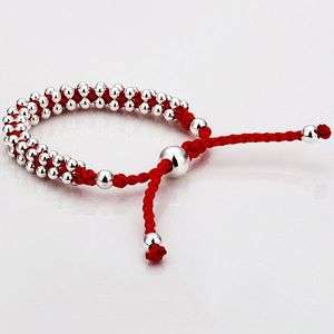   Silver Plated Beads Round Adjust Red Weaving Rope Bracelet  