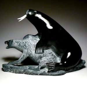  Inuit Carving Walrus and Bear By Abraham Ulayuruluk Stone 