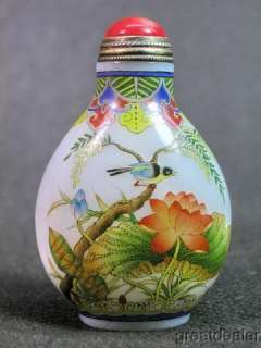 Fine Water Lily&Bird Hand Painted Glass Snuff Bottle  
