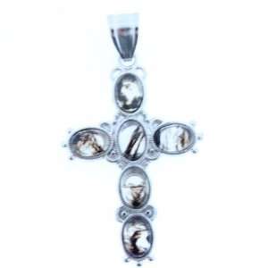    Blackberry Quartz Oval Inlay Cross On Silver Plated Base Metal 