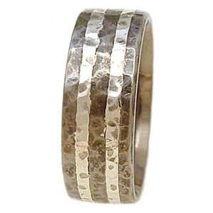 Titanium Ring Flat Hammered Two 1mm Silver Inlays Smooth Edges. Ring 