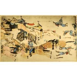  1938 Hand Painted Lithograph Native American Battle Spears 