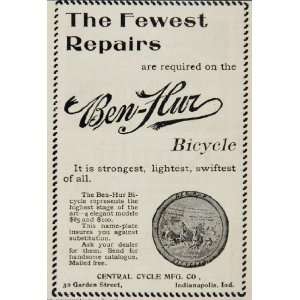  1896 Ad Ben Hur Bicycle Central Cycle ORIGINAL   Original 