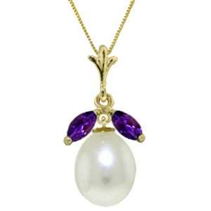  14k Gold Pendant Necklace with Genuine Pearl & Amethysts Jewelry