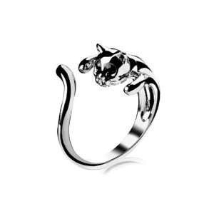  925 Silver Cat Ring, Cute Cat Shaped Ring with Black 