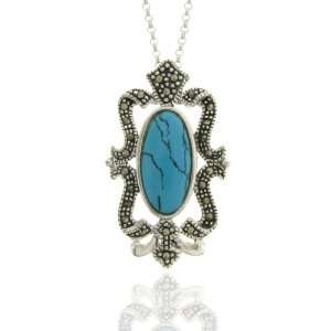  Sterling Silver Marcasite Oval Turquoise Pendant Jewelry