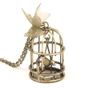  Vintage brass bird cage pendant long chain necklace vtg by 