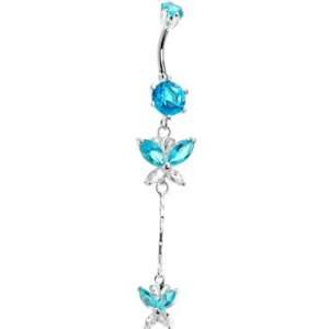   Silver 925 Aqua Cubic Zirconia Dual Butterfly Drop Belly Ring Jewelry