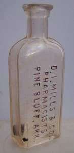 Vintage Pine Bluff Arkansas Embossed Pharmacy Bottle D.I.Mills 1890s 