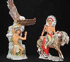 Pr. Of Large Ceramic Native American Figures Chief On Horse Boy W 
