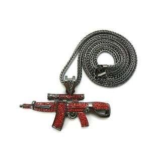  New Iced Out UZI SMG GUN Pendant w/ Hematite/Red Franco 