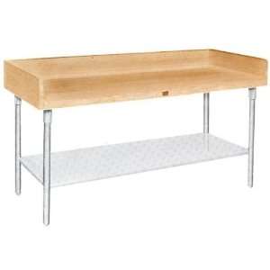   thick maple top with three sided coved riser, galvanized legs and